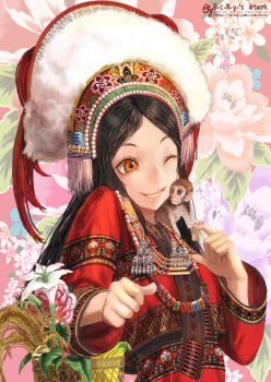 1girl b.c.n.y. black_hair blinking female_focus flower gem hair_ornament highres jewelry long_hair monkey necklace orange_eyes original pearl_(gemstone) smile solo taiwan traditional_clothes watermark