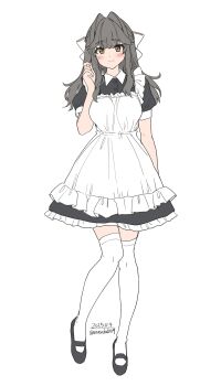 1girl absurdres apron black_dress blush bow breasts brown_eyes closed_mouth dress full_body grey_hair hair_bow highres long_hair looking_at_viewer maid maid_apron medium_breasts original shoes short_sleeves simple_background smile solo thighhighs unasaka_ryou white_apron white_background white_bow white_thighhighs