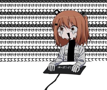 1girl a.i._voice adachi_rei black_shirt computer_keyboard crying crying_with_eyes_open hair_ornament hairclip headlamp highres jacket long_sleeves medium_hair one_side_up open_clothes open_jacket open_mouth orange_eyes orange_hair shirt sn_(sn_utu00) solo tears text_background upper_body utau wavy_eyes white_jacket