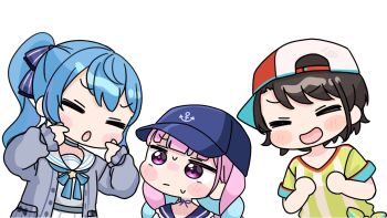 3girls :d anchor_symbol baseball_cap black_hair blue_bow blue_hair blue_hat blue_sailor_collar blush_stickers bow braid cardigan chibi closed_eyes grey_cardigan hair_bow hands_up hat highres hololive hoshimachi_suisei hoshimachi_suisei_(sailor) long_hair long_sleeves low_twintails minato_aqua minato_aqua_(sailor) mochimiko multicolored_hair multiple_girls oozora_subaru oozora_subaru_(1st_costume) open_cardigan open_clothes open_mouth pink_hair pleated_skirt puffy_long_sleeves puffy_sleeves purple_eyes sailor_collar school_uniform serafuku shirt short_sleeves side_ponytail sideways_hat simple_background skirt sleeves_past_wrists smile star_(symbol) striped_bow striped_clothes striped_shirt twin_braids twintails two-tone_hair vertical-striped_clothes vertical-striped_shirt virtual_youtuber white_background white_sailor_collar white_serafuku white_shirt white_skirt