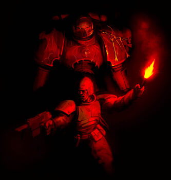 2boys absurdres adeptus_astartes armor astra_militarum breastplate chain chaos_space_marine fire flare from_behind full_armor ginjima helm helmet highres holding holding_weapon imperial_aquila lasgun multiple_boys night_lords open_mouth ornate_armor pauldrons power_armor red_theme shoulder_armor skull_ornament speaker warhammer_40k weapon