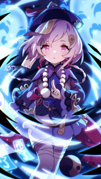 1girl absurdres artist_name bead_necklace beads black_nails blue_shorts braid braided_ponytail coin_hair_ornament cryokinesis dress genshin_impact ghost hair_ornament hand_up hat highres jewelry jiangshi junebuart kuji-in long_hair long_sleeves looking_at_viewer necklace ofuda ofuda_on_head orb parted_lips purple_dress purple_eyes purple_hair purple_hat qingdai_guanmao qiqi_(genshin_impact) shorts shorts_under_dress solo talisman tassel thighhighs vision_(genshin_impact) white_thighhighs yin_yang yin_yang_orb