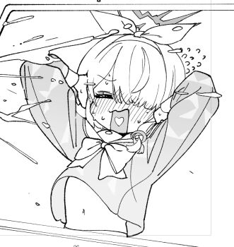 1girl arms_up arona_(blue_archive) blue_archive blush bow bow_hairband bowtie braid closed_eyes clothes_lift commentary_request covering_own_ears cropped dorontabi flying_sweatdrops frown greyscale hair_over_one_eye hairband halo heart heart_in_mouth loli long_sleeves monochrome navel nose_blush one_eye_covered open_mouth ring_hair_ornament sailor_collar sailor_shirt shirt shirt_lift side_braid solo splashing stomach white_background wind wind_lift winter_uniform