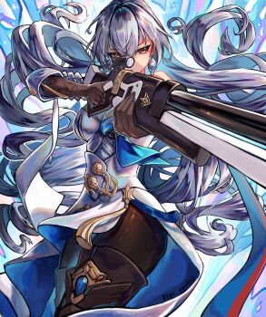 1girl absurdres aiming alternate_eye_color artist_name breasts bronya_rand brown_gloves commentary cowboy_shot dress earrings english_commentary expressionless floating_hair glint gloves grey_hair gun hair_between_eyes highres holding holding_gun holding_weapon honkai:_star_rail honkai_(series) jewelry long_hair looking_at_viewer medium_breasts red_eyes rifle solo very_long_hair vivi_zerou weapon white_dress