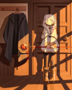 1girl =_= black_coat black_pantyhose boots brown_boots capelet closed_eyes clothes_hanger coat coat_rack commentary_request doorknob droopy_ears earrings elf frieren full_body gold_trim hair_over_shoulder highres holding holding_staff indoors jacket jewelry long_hair long_sleeves mage_staff messy_hair no_mouth no_nose pantyhose parted_bangs pointy_ears raised_inner_eyebrows shadow skirt solo sousou_no_frieren staff standing straight-on sunlight teardrop_earrings twintails unworn_coat white_background white_capelet white_jacket white_skirt window_shadow wooden_door wooden_floor yana_(gsgk0jxuweehcss)
