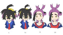 Rule 34 | 1boy, absurdres, amenonoco, black hair, blue shirt, blush, collared shirt, creatures (company), cropped shoulders, crossed bangs, empty eyes, flying sweatdrops, game freak, hairband, highres, jacket, kieran (pokemon), male focus, mole, mole on neck, multicolored hair, multiple views, nintendo, off shoulder, open mouth, pokemon, pokemon sv, purple hair, red tank top, shirt, simple background, tank top, upper body, white background, yellow eyes