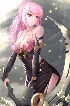 1girl absurdres bare_chest bare_shoulders breasts cleavage collarbone detached_sleeves dress highres holding holding_weapon hololive hololive_english holomyth keisuke_desu~ large_breasts medium_hair mori_calliope pink_eyes pink_hair ponytail scythe standing virtual_youtuber weapon