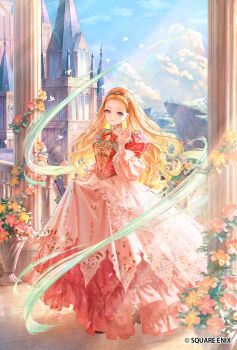 1girl arched_window architecture baluster bird blonde_hair blue_sky building castle cliff closed_mouth cloud company_name day diffraction_spikes dormer dress european_architecture flower forehead full_body hairband highres juliet_sleeves long_dress long_hair long_sleeves looking_at_viewer marie_(saga) multicolored_hairband neck_ribbon official_art outdoors pillar pink_dress pink_flower pink_ribbon plant potted_plant puffy_sleeves ribbon romancing_saga_re;universe saga saga_frontier_2 sky solo sousou_(sousouworks) spire square_enix standing steeple tile_floor tiles window
