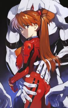 Rule 34 | 1girl, 3boys, ass, blue eyes, bodysuit, breasts, brown hair, grabbing another's ass, groping, highres, interface headset (evangelion), long hair, looking at viewer, looking back, mass production eva, mecha, mecha pilot suit, medium breasts, multiple boys, muscular, muscular male, neon genesis evangelion, optionaltypo, orange hair, parted lips, plugsuit (evangelion), red bodysuit, robot, sideboob, solo focus, souryuu asuka langley, the end of evangelion, two side up, veins, veiny arms