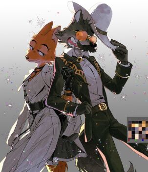 1boy 1girl black_gloves bolo_tie coat coat_on_shoulders couple cowboy_hat diane_foxington eyebrow_piercing face_piercing fake_facial_hair fake_mustache formal_clothes fox_girl fox_tail furry furry_female furry_male furry_with_furry gloves grey_fur gymnopedies2 hat highres locked_arms mr._wolf neck_ribbon orange-tinted_eyewear orange_fur piercing ribbon smile suit tail the_bad_guys_(movie) tinted_eyewear wolf_boy wolf_tail