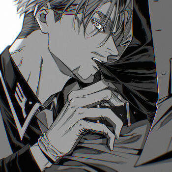 2boys absurdres beard belt biting biting_clothes challia_bull char_aznable chromatic_aberration clothes_lift commentary_request facial_hair film_grain gloves gundam gundam_gquuuuuux halcyon_(gugfuggugfug) hand_under_clothes hand_under_shirt highres jacket lapels long_sleeves looking_at_viewer male_focus monochrome mouth_hold multiple_boys mustache necktie notched_lapels pants shirt shirt_lift short_hair simple_background teeth_hold veins veiny_neck yaoi