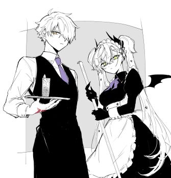 1boy 1girl alternate_costume apron black_hands border bow bowtie broom closed_mouth collared_dress collared_shirt colored_extremities command_spell cowboy_shot crossed_bangs cup demon_girl demon_horns demon_wings dress drinking_glass fate/grand_order fate_(series) food fruit galahad_(fate) green_eyes grey_background hair_between_eyes hair_over_one_eye highres holding holding_broom holding_tray horns ice ice_cube juliet_sleeves lemon lemon_slice lilith_(fate) long_hair long_sleeves looking_at_viewer maid maid_apron maid_headdress mo_(aabx315) monochrome necktie outside_border puffy_sleeves purple_bow purple_bowtie purple_necktie shirt short_hair simple_background sleeve_cuffs spot_color tray twintails underbust vest waist_apron waiter white_border wings yellow_eyes