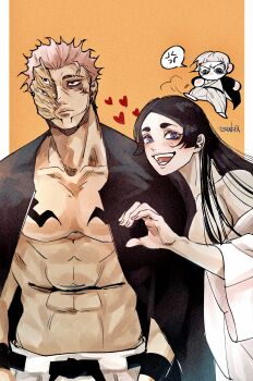 Rule 34 | 1boy, 1girl, 1other, 28cg, absurdres, black hair, half-heart hands, heart hands failure, highres, jujutsu kaisen, long hair, looking at viewer, muscular, muscular male, parted bangs, pink hair, purple eyes, ryoumen sukuna (jujutsu kaisen), ryoumen sukuna (true form) (jujutsu kaisen), uraume (jujutsu kaisen), yorozu (jujutsu kaisen)