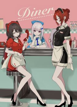 1950s_(style) 3girls :p ange_katrina antique_phone apron arm_rest bar_stool bird_hair_ornament black_dress black_footwear black_headdress black_nails blue_bow blue_dress blue_eyes blue_hair blue_nails booth_seating bow braid breasts candy_jar collared_dress colored_inner_hair diner dog_hair_ornament dress earrings elbow_rest frilled_apron frills grey_hair hair_bun hair_intakes hair_ornament hairclip haruwo heterochromia high_heels highres holding holding_phone holding_tray inui_toko jar jewelry ketchup_bottle light_blue_hair lize_helesta long_hair low_twin_braids maid_headdress medium_breasts multicolored_hair multiple_girls napkin_holder nijisanji phone ponytail puffy_short_sleeves puffy_sleeves pumps purple_eyes red_dress red_eyes red_hair red_headdress red_nails restaurant rotary_phone sanbaka_(nijisanji) short_dress short_hair short_sleeves sitting standing stool tongue tongue_out tray triangle_earrings triangle_hair_ornament twin_braids very_long_hair virtual_youtuber waitress wrist_cuffs yellow_eyes