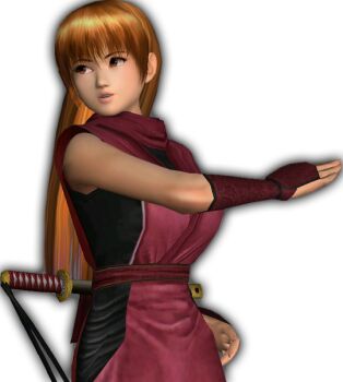 3d black_background breasts brown_eyes brown_hair copyright_request dead_or_alive dead_or_alive_dimensions fighting_stance fringe_trim gauntlets kasumi_alpha large_breasts long_hair ninja ninjatou official_art short_sword sidelocks simple_background sleeveless sword weapon white_background