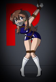 1girl absurdres bdsm blastoise blue_dress blue_eyes bondage boots bound bound_arms bound_legs bound_wrists brown_hair cameltoe comic crotch_rope cum dress gag gagged gen_1_pokemon green_(pokemon) high_heels highres improvised_gag nintendo panties pantyshot pokemon pokemon_(creature) pokemon_adventures pokemon_frlg pokemon_rgby rope shibari spread_legs strappado tape tape_gag team_rocket thedankknight1 tight_clothes tight_dress underwear wet wet_clothes wet_panties white_footwear