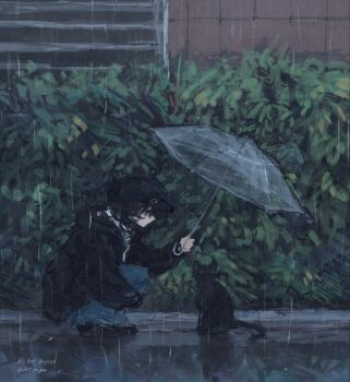 1girl black_cat black_eyes black_hair black_hat black_jacket black_shoes blue_pants bush cat closed_mouth hand_on_own_leg hat highres holding holding_umbrella hood hooded_jacket jacket long_sleeves looking_at_animal looking_down medium_hair mitikage7 newsboy_cap original pants rain road shirt shoes solo squatting transparent transparent_umbrella twitter_username umbrella watermark white_shirt