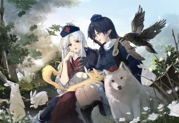 Rule 34 | 2girls, :d, absurdres, animal, animal on lap, animalization, bird, black bird, black hair, blue dress, blue hat, boots, commentary request, commission, crow, dress, flower, fox, hat, highres, iizunamaru megumu, inaba mob (touhou), indis, inubashiri momiji, inubashiri momiji (wolf), knee boots, kudamaki tsukasa, kudamaki tsukasa (fox), long hair, long sleeves, multiple girls, nurse cap, on lap, open mouth, pointy ears, puffy short sleeves, puffy sleeves, rabbit, red dress, red hat, second-party source, short sleeves, shoulder guard, smile, tokin hat, touhou, tree, two-tone dress, very long hair, white flower, white hair, wolf, yagokoro eirin, yellow eyes