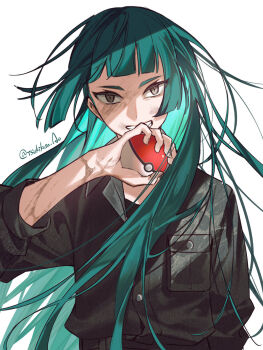 1girl aged_down alternate_costume alternate_hairstyle breast_pocket green_hair grin hand_up highres holding holding_poke_ball lebanne_(pokemon) long_hair long_sleeves looking_at_viewer nintendo pocket poke_ball poke_ball_(basic) pokemon pokemon_legends:_z-a slit_pupils smile solo tsukikusa_ao upper_body very_long_hair