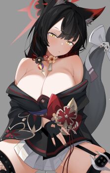 1girl absurdres animal_ear_fluff animal_ears bare_shoulders black_gloves black_kimono black_nails blue_archive blush breasts chanshiyu cleavage closed_mouth colored_inner_hair commentary_request fingerless_gloves fishnet_thighhighs fishnets fox_ears fox_girl fox_tail gloves grey_sailor_collar halo highres japanese_clothes kimono large_breasts long_hair looking_at_viewer multicolored_hair partial_commentary purple_sash red_hair red_halo sailor_collar sash side_slit skirt solo tail thigh_strap thighhighs tongue two-tone_hair very_long_hair wakamo_(blue_archive) white_skirt yellow_eyes