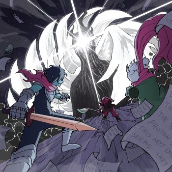 1boy 1girl 2others angel_wings armor axe black_bodysuit black_boots blue_hair blue_skin bodysuit boots breastplate capelet colored_skin covering_face crack cracked_floor darent_z deltarune dutch_angle dynamic_pose eldritch_abomination feathered_wings flying_paper gauntlets giant glowing glowing_eye goat_boy goat_horns green_robe highres holding holding_axe holding_sword holding_weapon horns jacket kris_(dark_world)_(deltarune) kris_(deltarune) leg_armor living_shadow long_hair medium_hair multiple_others multiple_wings one-eyed paper pauldrons pink_capelet pink_hair pink_scarf poleyn purple_jacket purple_scales purple_skin ralsei reptile_girl robe scarf shoulder_armor sleeveless sleeveless_jacket spoilers susie_(dark_world)_(deltarune) susie_(deltarune) sword titan_(deltarune) torn_capelet torn_clothes utdr_(toby_fox) weapon white_fur wind wings