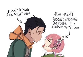 1boy 1girl absurdres arrow_(symbol) black_hair closed_eyes drooling english_text from_side green_jacket hasn't_kissed_anyone_ever_vs_expecting_a_kiss_with_tongue_(meme) height_difference highres imminent_kiss jacket maid_headdress meme natsuki_subaru pink_hair portrait ram_(re:zero) re:zero_kara_hajimeru_isekai_seikatsu saliva shockerdoc5261 short_hair simple_background sweatdrop tongue tongue_out white_background
