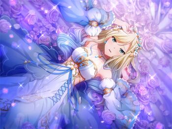 Rule 34 | 1girl, aqua eyes, blonde hair, blue sleeves, detached sleeves, dress, earrings, flower, furrowed brow, game cg, gradient hair, jewelry, long hair, looking at viewer, lying, multicolored hair, norn (mythology), norse mythology, official art, on back, open mouth, rose, shoujo kageki revue starlight, shoujo kageki revue starlight -re live-, sleeveless, sleeveless dress, solo, upper body, white dress, wide sleeves, yumeoji fumi
