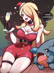 Rule 34 | 1girl, :d, alcohol, bare shoulders, belt, black belt, black gloves, blonde hair, breasts, champagne, christmas, christmas lights, christmas tree, cleavage, collarbone, creatures (company), cup, cynthia (pokemon), drinking glass, english text, fur-trimmed gloves, fur trim, game freak, gen 4 pokemon, gible, gloves, grey eyes, hair ornament, hair over one eye, hat, highres, holding, holding cup, large breasts, leotard, long hair, merry christmas, nintendo, open mouth, poke ball, pokemon, pokemon (creature), pokemon dppt, red leotard, santa costume, santa hat, sitting, smile, speech bubble, thigh strap, thighs, touyarokii, very long hair
