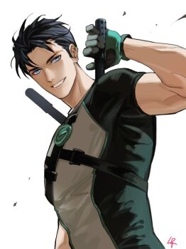 1boy agent_37 blue_eyes dc_comics dick_grayson escrima_stick gloves male_focus short_sleeves simple_background smile solo stariver00