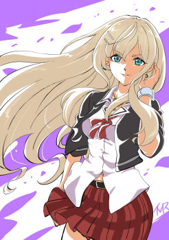 1girl aqua_eyes belt black_belt black_jacket brown_hair closed_mouth commentary_request earrings hair_ornament hairpin highres ikumi_seira_(shadowverse_flame) jacket jewelry long_hair navel open_clothes open_jacket red_skirt shadowverse shadowverse_(animated_series) shadowverse_flame shirt skirt solo tmr_msho white_shirt