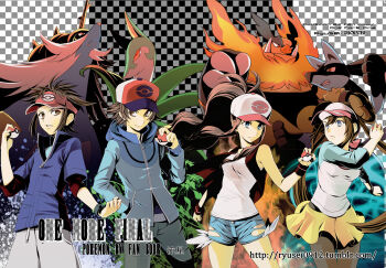 2boys 2girls 4others arms_up artist_name bare_shoulders baseball_cap behind_another black_background black_leggings black_pantyhose black_vest black_wrist_cuffs blue_coat blue_eyes blue_hoodie boar breasts brown_hair checkered_background clenched_teeth coat comiket_87 cowboy_shot denim denim_shorts double_bun emboar english_text facing_to_the_side facing_viewer fire gen_4_pokemon gen_5_pokemon grey_pants hair_bun hand_in_pocket hat high_contrast high_ponytail highres hilbert_(pokemon) hilda_(pokemon) holding holding_poke_ball hood hoodie leggings long_hair long_sleeves looking_to_the_side lucario medium_breasts multiple_boys multiple_girls multiple_others nate_(pokemon) nintendo pants pantyhose partially_unzipped poke_ball poke_ball_(basic) pokemon pokemon_(creature) pokemon_bw pokemon_bw2 ponytail red_eyes red_hat red_visor rosa_(pokemon) ryuusei_(trickster) samurott serperior shirt shirt_under_shirt shorts sidelocks skirt sleeveless sleeveless_shirt sleeves_rolled_up snake spot_color teeth torn_clothes torn_shorts turning_head two-tone_background two-tone_shirt vest visor_cap white_background white_hat white_shirt white_shorts wrist_cuffs yellow_skirt