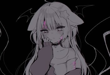 1girl @_@ absurdres ahoge animal_ears annytf anyuu bare_shoulders bat_wings black_background black_choker bleeding blood blood_on_face choker commentary english_commentary fox_ears frown greyscale hair_ornament hand_on_own_face head_wings heart heart_choker highres indie_virtual_youtuber injury long_hair long_sleeves looking_at_viewer monochrome off_shoulder pink_blood self-harm sketch solo spot_color star_(symbol) star_hair_ornament strap_slip upper_body virtual_youtuber wings x_hair_ornament