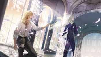 Rule 34 | arm up, back, black boots, black pants, boots, braid, chinese commentary, collared shirt, commission, dress, falling petals, from behind, from side, glowing, glowing petals, green eyes, hair between eyes, hair flowing over, hair over shoulder, hair ribbon, highres, honkai (series), honkai impact 3rd, indoors, kallen kaslana, kallen kaslana (sixth serenade), kneeling, light particles, long braid, long hair, long sleeves, looking to the side, low-tied long hair, mixed-language commentary, open mouth, otto apocalypse, pants, petals, pink petals, purple hair, rainbow, reaching, reaching towards another, ribbon, shade, shirt, single braid, sleeves rolled up, standing, sunlight, watermark, white hair, white shirt, wind, xinjinjumin223048268090