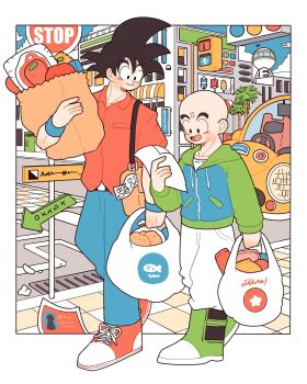 2boys bag bald bald_male black_eyes black_hair car city crosswalk dragon_ball friends happy highres kuririn motor_vehicle multiple_boys road_sign shopping shopping_bag sign smile son_goku stop_sign