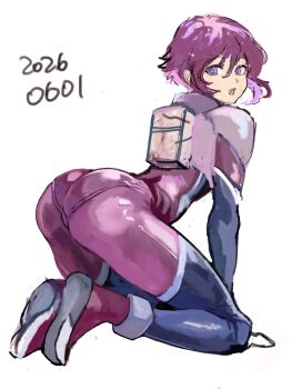 1girl absurdres all_fours ass black_thighhighs commentary dated double-parted_bangs from_behind full_body gloves gundam gundam_seed gundam_seed_destiny highres looking_at_viewer looking_back lunamaria_hawke mecha_pilot_suit military military_uniform normal_suit_(gundam) okrdisk2000 pantylines pink_hair procreate_(medium) purple_eyes short_hair sidelocks signature skin_tight solo thighhighs trefoil turtleneck unfinished white_background white_gloves zaft_uniform