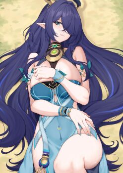 Rule 34 | 1girl, antlers, aqua dress, armlet, bare shoulders, blue hair, bracelet, breasts, cleavage, deer antlers, deer girl, dress, earrings, genshin impact, green eyes, hair over one eye, highres, horns, jewelry, large breasts, lauma (genshin impact), long hair, looking at viewer, neck ring, pak ce, pelvic curtain, pendant, pointy ears, sidelocks, solo, thighs