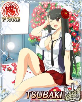 1girl :d adjusting_hair backdrop black_hair black_necktie black_vest border breasts card_(medium) character_name cleavage english_text flower game_cg hair_flower hair_ornament hime_cut knee_up large_breasts long_hair modeling necktie official_alternate_costume official_art one_eye_closed open_mouth partially_open_shirt photo_shoot red_eyes red_flower red_skirt senran_kagura senran_kagura_new_wave skirt smile solo studio studio_lights tsubaki_(senran_kagura) vest