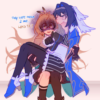 Rule 34 | 2girls, absurdres, ahoge, aura, black gloves, black pantyhose, blue hair, blush, brown capelet, brown cloak, brown hair, capelet, carrying, chain, chain headband, cloak, corset, dark aura, detached sleeves, english text, feather hair ornament, feathers, gloves, glowing, glowing eyes, hair intakes, hair ornament, hairclip, highres, hololive, hololive english, hydroxyl, knife, long hair, multicolored hair, multiple girls, nanashi mumei, nanashi mumei (1st costume), ouro kronii, ouro kronii (1st costume), pantyhose, partially fingerless gloves, ponytail, princess carry, shirt, short hair, skirt, streaked hair, tears, thighhighs, very long hair, virtual youtuber, white shirt, yuri