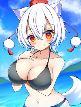 1girl animal_ears arm_up bikini black_bikini blue_sky blush breasts cleavage closed_mouth cloud collarbone commentary_request gyuta hashtag-only_commentary hat highres horizon inubashiri_momiji large_breasts looking_at_viewer navel outdoors pom_pom_(clothes) red_eyes red_hat short_hair sky smile solo swimsuit tail tokin_hat touhou white_hair wolf_ears wolf_girl wolf_tail