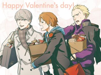Rule 34 | 3boys, bag, black jacket, blonde hair, blue hoodie, box, box of chocolates, brown hair, coat, commentary request, ear piercing, from side, gift, gift box, gloves, grey coat, grey hair, grey scarf, hanamura yousuke, happy valentine, highres, holding, holding bag, hood, hood down, hoodie, jacket, jacket on shoulders, long sleeves, looking at another, male focus, multiple boys, narukami yu, open mouth, persona, persona 4, piercing, profile, purple hoodie, scar, scar on face, scar on forehead, scarf, school uniform, short hair, sweatdrop, tatsumi kanji, tears, tnkmrcap, upper body, valentine, yasogami school uniform