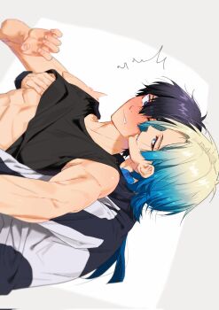 2boys abs behind_another bl_111252 black_hair black_tank_top blonde_hair blue_eyes blue_flower blue_hair blue_lock blue_rose blush clothes_lift eyeliner flower grey_background highres isagi_yoichi jacket long_hair looking_at_another makeup male_focus michael_kaiser multicolored_hair multicolored_jacket multiple_boys neck_tattoo parted_lips red_eyeliner rose shirt_lift simple_background sleeveless tank_top tattoo toned toned_male track_jacket two-tone_background upper_body white_background yaoi