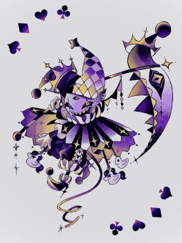 1boy black_boots black_mouth black_pants black_sclera boots clown clown_boy club_(shape) colored_sclera colored_skin commentary crown deltarune diamond_(shape) ear_piercing english_commentary extra_eyes fewer_digits frilled_footwear frilled_pants frills full_body g_c_hori gloves gradient_tail grey_background hat heart heterochromia high_heel_boots high_heels highres holding holding_scythe jaggy_lines jester jester_boy jester_cap jevil long_sleeves looking_at_viewer male_focus neck_ruff open_mouth pants piercing pointy_ears pom_pom_(clothes) puffy_pants purple_eyes purple_skin purple_tail scar_across_eyes scythe sharp_teeth simple_background smile solo spade_(shape) tail teeth tongue tongue_out utdr_(toby_fox) white_gloves yellow_eyes yellow_tail