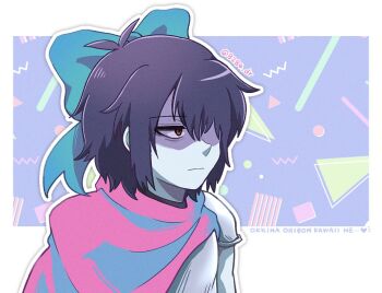 1other antenna_hair armor arms_at_sides bags_under_eyes blue_bow blue_scarf blue_skin border bow circle closed_mouth colored_skin commentary deltarune film_grain frown grey_armor hair_bow hair_over_one_eye heart jitome kris_(dark_world)_(deltarune) kris_(deltarune) looking_to_the_side one_eye_covered other_focus outline outside_border pink_scarf purple_background purple_hair red_eyes scarf shaded_face short_hair shoulder_armor simple_background solo square symbol-only_commentary triangle twitter_username two-tone_scarf upper_body utdr_(toby_fox) white_border white_outline yatsuhashi_(partyanthem)