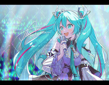 1girl aqua_eyes aqua_hair aqua_nails aqua_necktie asagao_minoru ascot black_skirt black_sleeves blush breasts commentary_request detached_sleeves fingernails grey_shirt hair_between_eyes hair_ornament hatsune_miku hatsune_miku_expo holding holding_microphone long_hair long_sleeves medium_breasts microphone nail_polish necktie open_mouth pink_hair shirt signature skirt sleeveless sleeveless_shirt smile solo vocaloid watermark white_ascot wide_sleeves