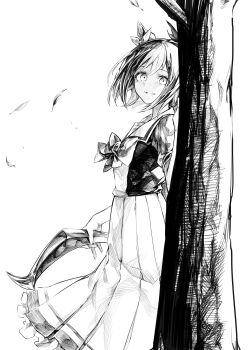 1girl absurdres animal_ears behind_tree boomerang boomerang_fu bow bowtie commentary_request commission cowboy_shot crazy_eyes ear_bow glint greyscale hair_between_eyes hasukurira highres holding_boomerang horse_ears horse_girl looking_at_viewer monochrome multicolored_hair outdoors pakatube pixiv_commission pleated_skirt sailor_collar sailor_shirt school_uniform shirt short_hair short_sleeves skirt solo special_week_(umamusume) spot_color summer_uniform tracen_school_uniform tree tree_shade umamusume