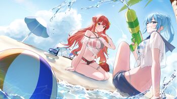 2girls absurdres akane_lize arahashi_tabi arm_support back ball beach beachball bikini bikini_bottom_under_shorts bikini_under_clothes blue_eyes blue_hair blue_sky blush bra breasts brown_eyes cloud collarbone commentary crop_top day double_bun dutch_angle english_commentary glint grey_shorts grin hair_bun hand_up highres holding holding_water_gun large_breasts long_hair looking_at_viewer looking_back medium_hair midriff multicolored_bra multiple_girls navel o-ring o-ring_bikini ocean on_ground outdoors parasol pienna_(akane_lize) ponytail pungdangi_(arahashi_tabi) red_eyes sand see-through_clothes see-through_shirt shirt short_sleeves shorts sitting sky smile stellive striped_bikini striped_clothes super_soaker swimsuit thigh_strap tied_shirt tsuyu_(yzxx7825) turning_head two_side_up umbrella underwear virtual_youtuber water water_gun white_shirt yokozuwari