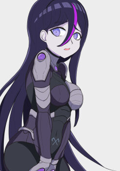 1girl absurdres armor breasts eva_(hundred_line) eyebrows eyelashes female_focus hair_between_eyes highres large_breasts long_hair multicolored_hair navel open_mouth pink_hair purple_eyes purple_hair simple_background solo the_hundred_line_-last_defense_academy- white_background