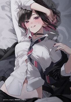 2girls black_choker black_hair black_jacket black_nails blurry blush chigusa_minori choker commentary_request depth_of_field diagonal-striped_clothes diagonal-striped_necktie dress_shirt female_pov highres jacket long_hair looking_at_viewer lying multiple_girls nail_polish necktie on_back open_mouth pink_eyes pov pov_breasts saotome_shino_(shino_to_ren) shino_to_ren shirayuki_ren shirt short_hair striped_clothes white_shirt