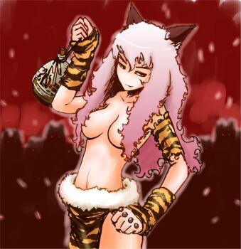 Rule 34 | 1girl, alcohol, animal ears, animal print, bad id, bad pixiv id, breasts, female focus, horns, large breasts, long hair, nanahime, no bra, oni, pink hair, pixiv fantasia, pixiv fantasia 1, red eyes, sake, solo, tiger print, topless female