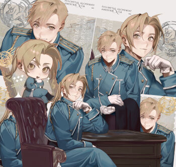 Rule 34 | 2boys, absurdres, ahoge, alphonse elric, amestris military uniform, blonde hair, blue jacket, blue pants, brothers, cbow, chibi, chibi inset, closed mouth, commentary request, curtained hair, edward elric, fullmetal alchemist, gloves, highres, jacket, looking at viewer, male focus, multiple boys, multiple views, pants, ponytail, short hair, siblings, sitting, smile, standing, white gloves
